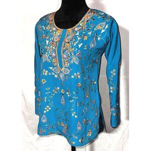 Indian Sari Blouse, Tribal Tunic, Turquoise Blue Gold Embroidery, Size 38